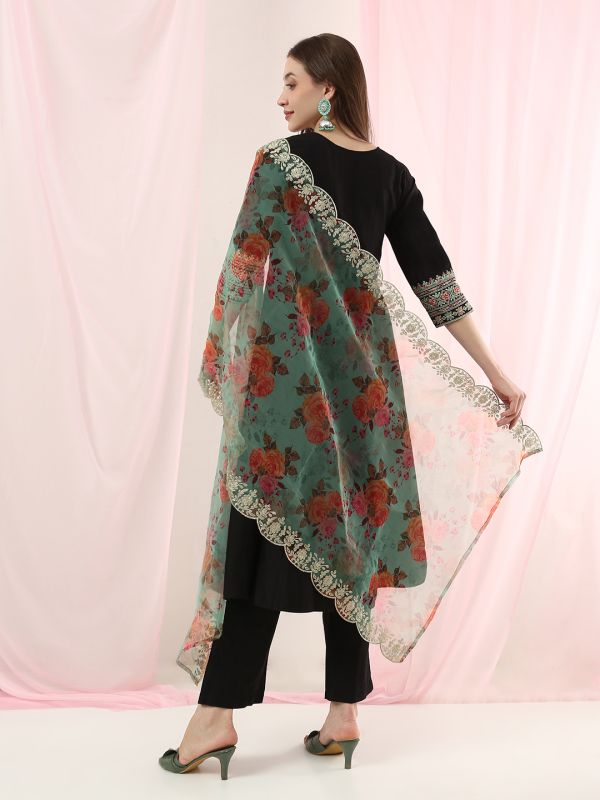 Globus Women Black Sequinned Embroidered Yoke A-Line Kurta with Pants & Scalloped Border Floral Printed Dupatta Festive Set