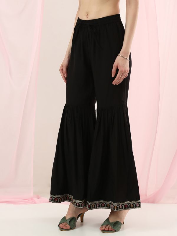 Globus Women Black Round Neck Sequinned & Mirror Embroidered Yoke Back Tie-Up Kurti With Pants & Dupatta Festive Set