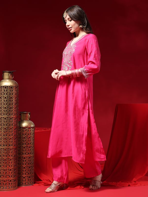 Globus Women Pink Zari Embroidered V-neck Three-quarter Sleeves Silk Blend A-line Kurta With Pants & Taping Dupatta Festive Set