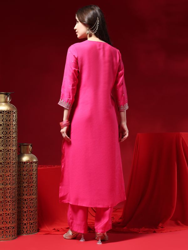 Globus Women Pink Zari Embroidered V-neck Three-quarter Sleeves Silk Blend A-line Kurta With Pants & Taping Dupatta Festive Set