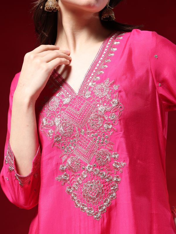 Globus Women Pink Zari Embroidered V-neck Three-quarter Sleeves Silk Blend A-line Kurta With Pants & Taping Dupatta Festive Set