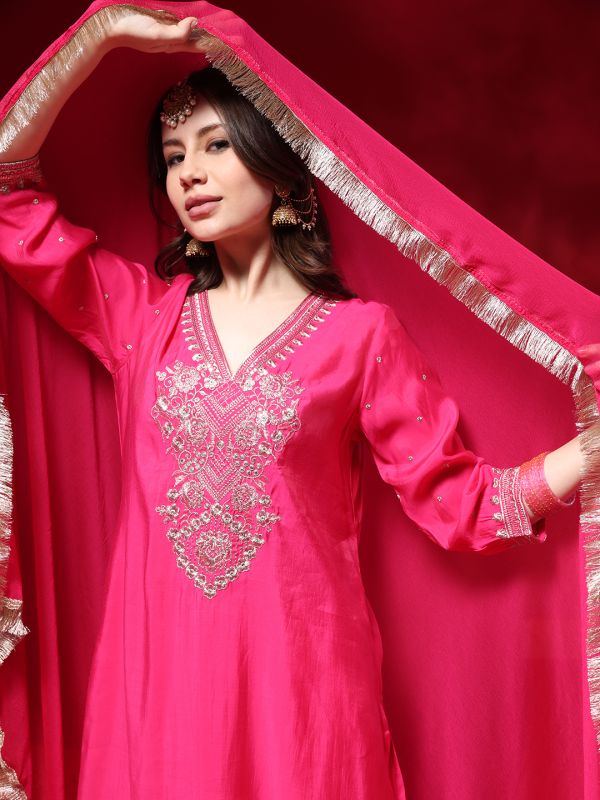 Globus Women Pink Zari Embroidered V-neck Three-quarter Sleeves Silk Blend A-line Kurta With Pants & Taping Dupatta Festive Set
