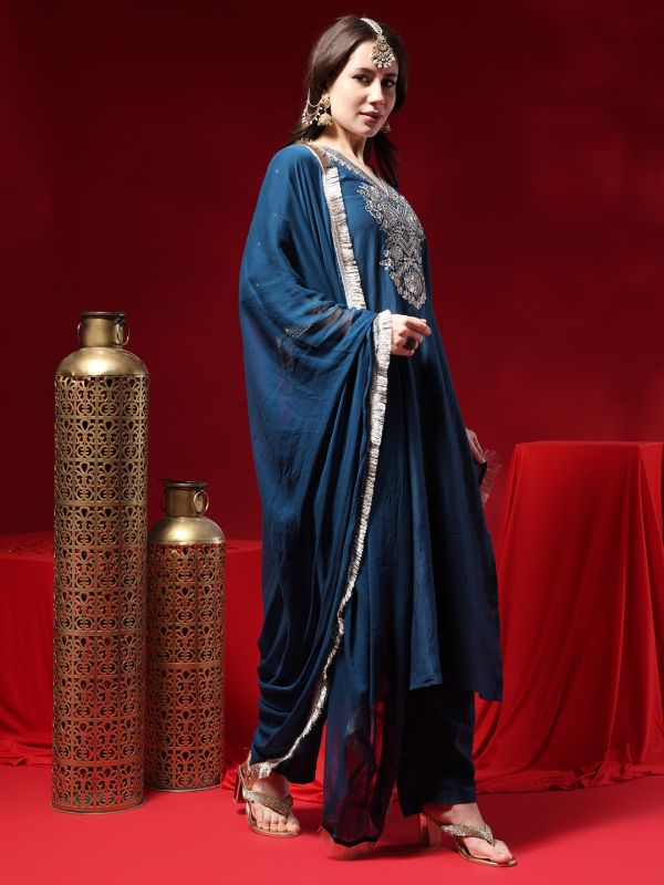 Globus Women Navy Blue Zari Embroidered V-neck Three-quarter Sleeves Silk Blend A-line Kurta With Pants & Taping Dupatta Festive Set