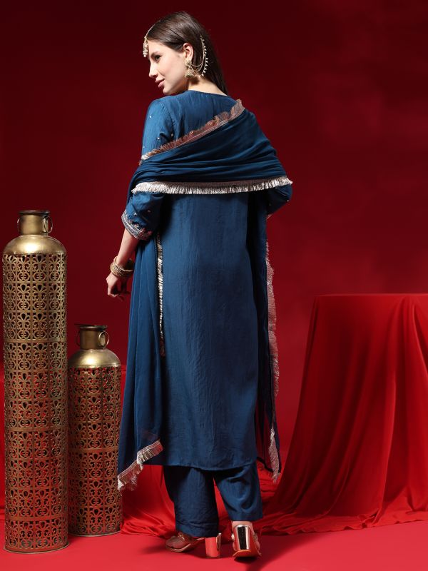Globus Women Navy Blue Zari Embroidered V-neck Three-quarter Sleeves Silk Blend A-line Kurta With Pants & Taping Dupatta Festive Set