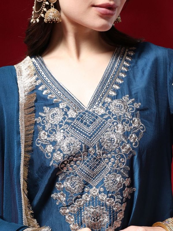 Globus Women Navy Blue Zari Embroidered V-neck Three-quarter Sleeves Silk Blend A-line Kurta With Pants & Taping Dupatta Festive Set