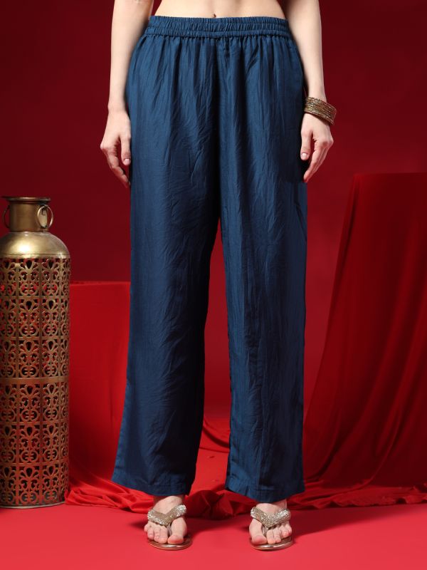 Globus Women Navy Blue Zari Embroidered V-neck Three-quarter Sleeves Silk Blend A-line Kurta With Pants & Taping Dupatta Festive Set
