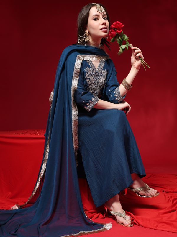 Globus Women Navy Blue Zari Embroidered V-neck Three-quarter Sleeves Silk Blend A-line Kurta With Pants & Taping Dupatta Festive Set