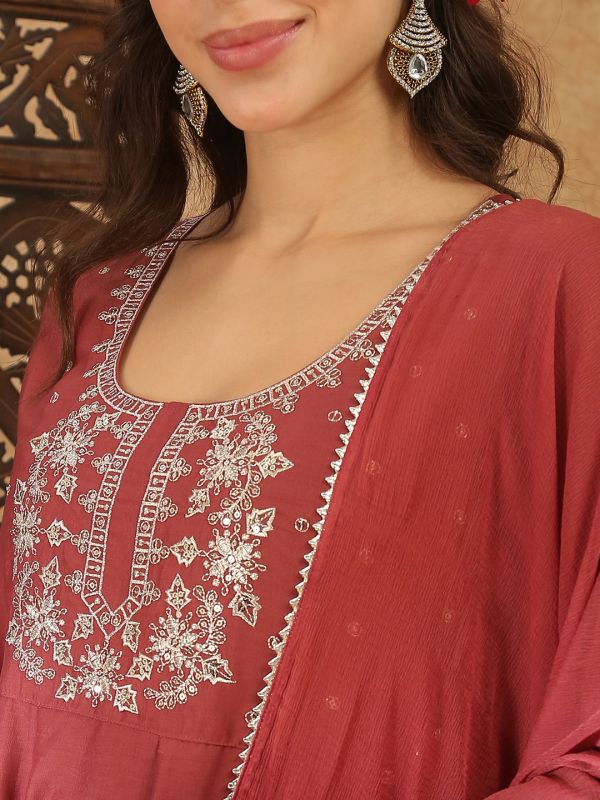 Globus Women Peach Square Neck Zari Embroidered Panelled Anarkali Kurta with Trousers and Dupatta Festive Set