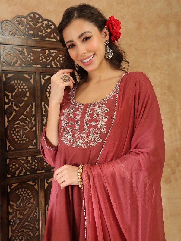 Globus Women Peach Square Neck Zari Embroidered Panelled Anarkali Kurta with Trousers and Dupatta Festive Set