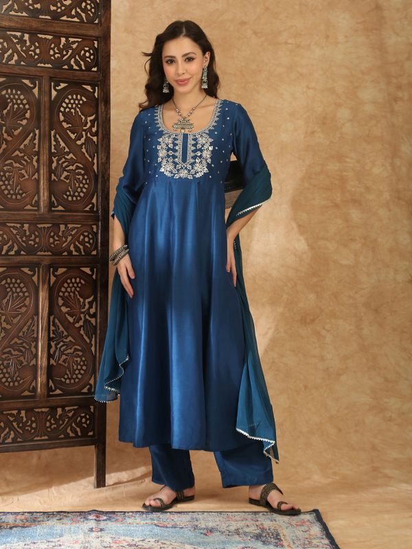 Globus Women Teal Square Neck Zari Embroidered Panelled Anarkali Kurta with Trousers and Dupatta Festive Set