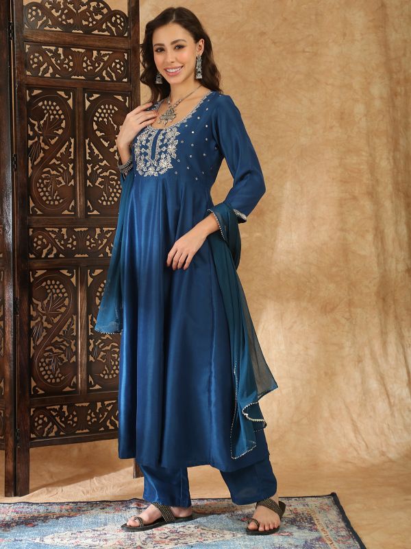 Globus Women Teal Square Neck Zari Embroidered Panelled Anarkali Kurta with Trousers and Dupatta Festive Set