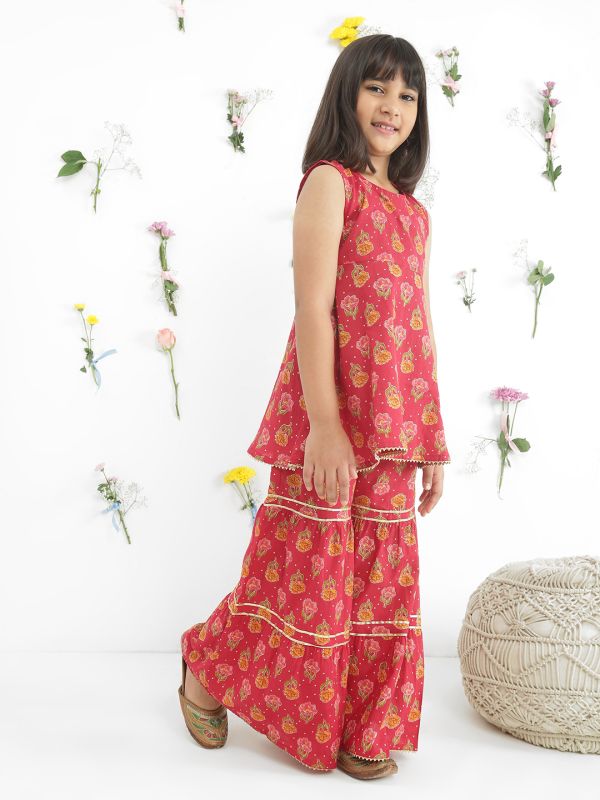 Globus Girls Maroon Round Neck Sleeveless Floral Print Gotta Patti Tunic With Sharara Festive Co-Ord Set