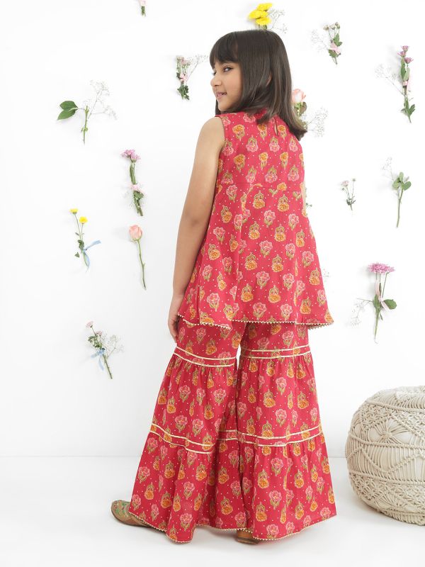 Globus Girls Maroon Round Neck Sleeveless Floral Print Gotta Patti Tunic With Sharara Festive Co-Ord Set