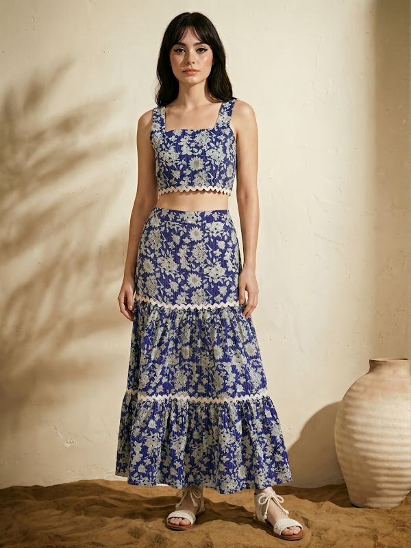 Globus Women Blue Floral Print Square Neck Lace Insert Crop Top With Tiered Maxi Skirt Ethnic Co-Ord Set