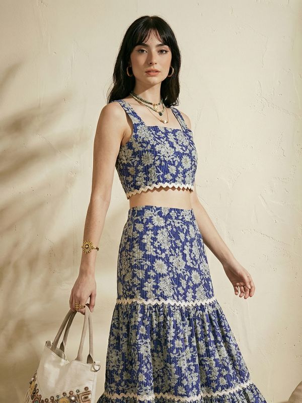 Globus Women Blue Floral Print Square Neck Lace Insert Crop Top With Tiered Maxi Skirt Ethnic Co-Ord Set