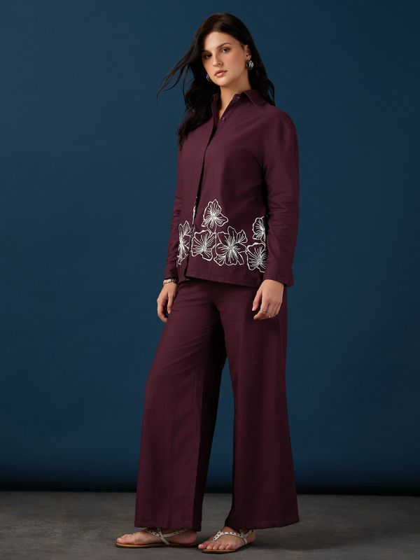 Globus Women Wine Shirt Collar Drop Shoulder Cuffed Sleeves Floral Embroidered Shirt & Wide Leg Trousers Co-Ord Set