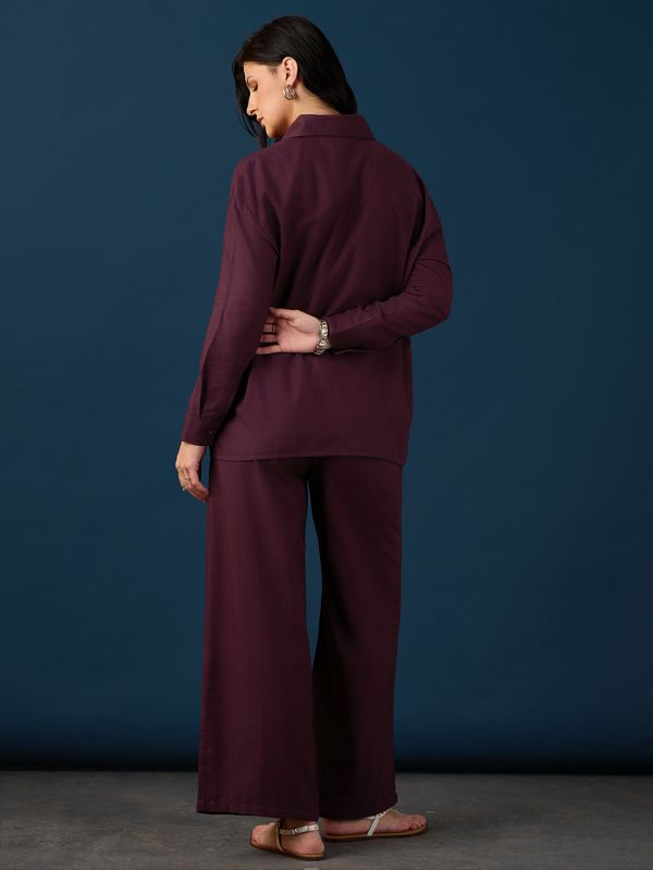 Globus Women Wine Shirt Collar Drop Shoulder Cuffed Sleeves Floral Embroidered Shirt & Wide Leg Trousers Co-Ord Set