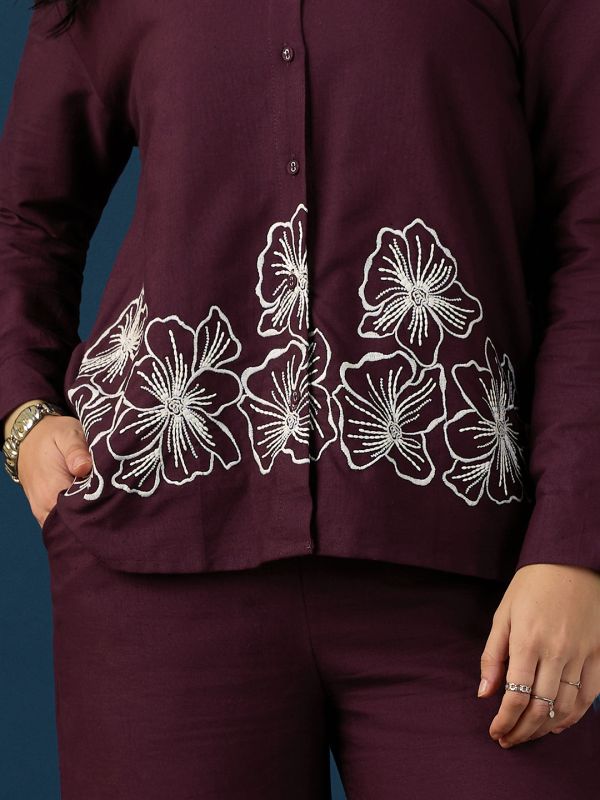 Globus Women Wine Shirt Collar Drop Shoulder Cuffed Sleeves Floral Embroidered Shirt & Wide Leg Trousers Co-Ord Set