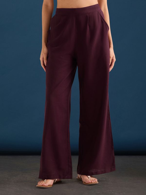Globus Women Wine Shirt Collar Drop Shoulder Cuffed Sleeves Floral Embroidered Shirt & Wide Leg Trousers Co-Ord Set