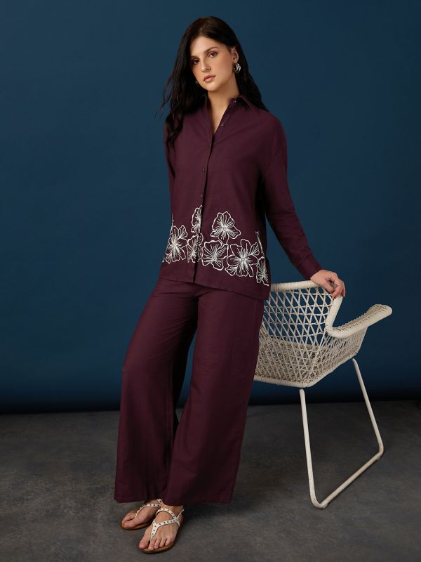 Globus Women Wine Shirt Collar Drop Shoulder Cuffed Sleeves Floral Embroidered Shirt & Wide Leg Trousers Co-Ord Set