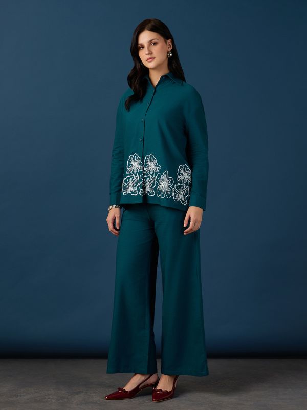 Globus Women Teal Shirt Collar Drop Shoulder Cuffed Sleeves Floral Embroidered Shirt & Wide Leg Trousers Co-Ord Set
