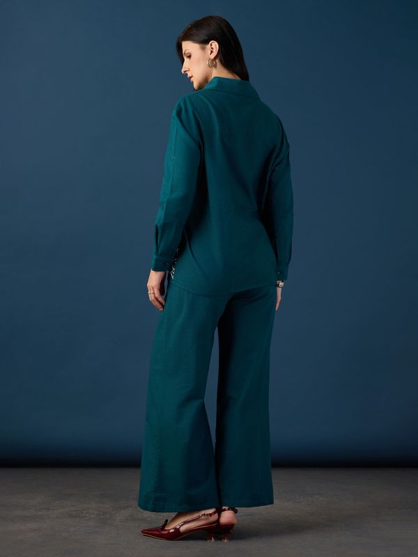 Globus Women Teal Shirt Collar Drop Shoulder Cuffed Sleeves Floral Embroidered Shirt & Wide Leg Trousers Co-Ord Set