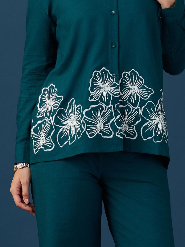 Globus Women Teal Shirt Collar Drop Shoulder Cuffed Sleeves Floral Embroidered Shirt & Wide Leg Trousers Co-Ord Set