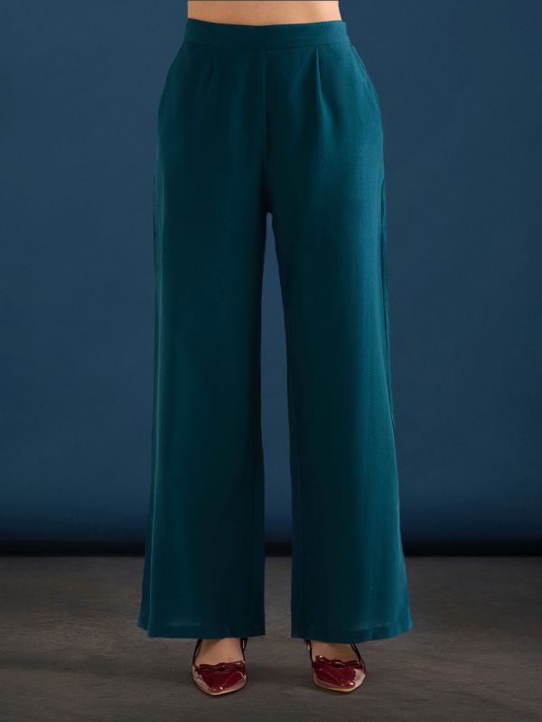 Globus Women Teal Shirt Collar Drop Shoulder Cuffed Sleeves Floral Embroidered Shirt & Wide Leg Trousers Co-Ord Set