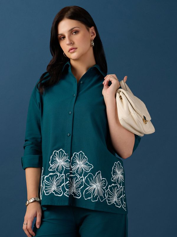 Globus Women Teal Shirt Collar Drop Shoulder Cuffed Sleeves Floral Embroidered Shirt & Wide Leg Trousers Co-Ord Set