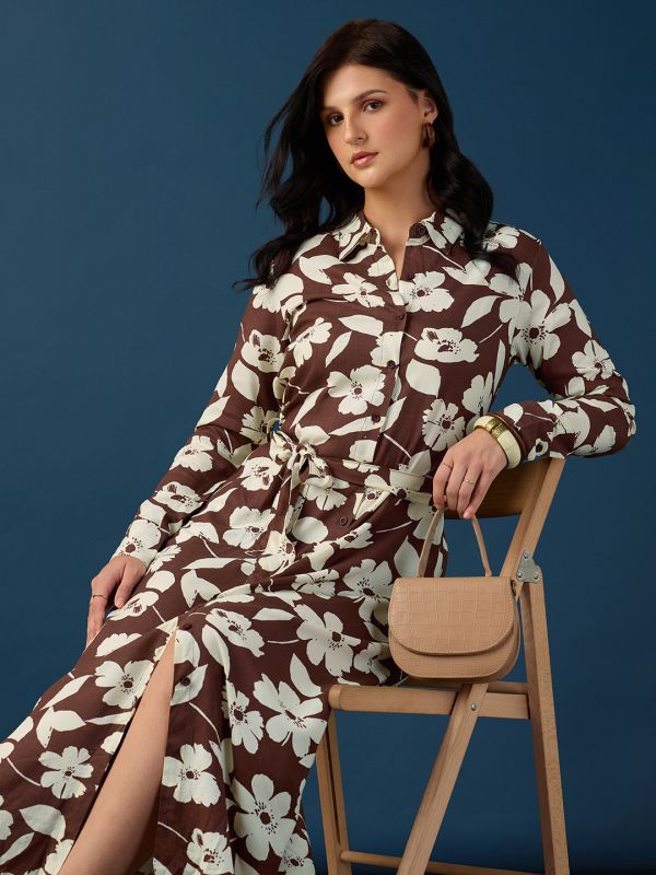 Globus Women Brown Collared Neck Cuff Sleeves Floral Printed Shirt Style A-Line Midi Workwear Dress With Belt