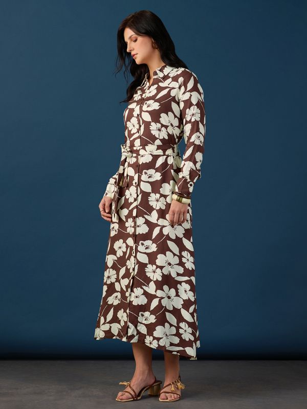 Globus Women Brown Collared Neck Cuff Sleeves Floral Printed Shirt Style A-Line Midi Workwear Dress With Belt