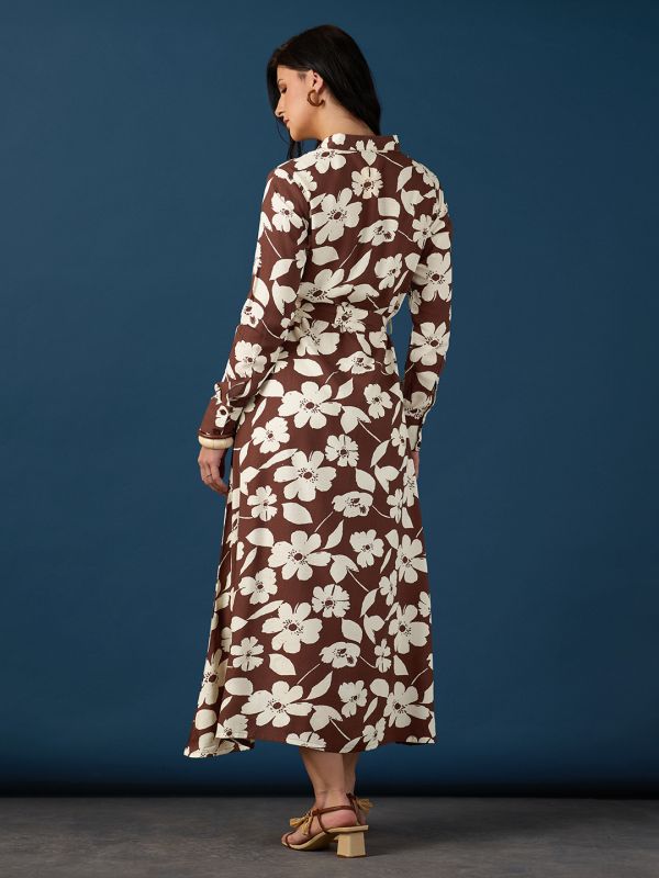 Globus Women Brown Collared Neck Cuff Sleeves Floral Printed Shirt Style A-Line Midi Workwear Dress With Belt