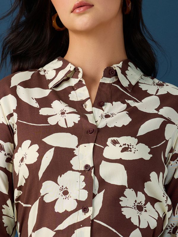 Globus Women Brown Collared Neck Cuff Sleeves Floral Printed Shirt Style A-Line Midi Workwear Dress With Belt