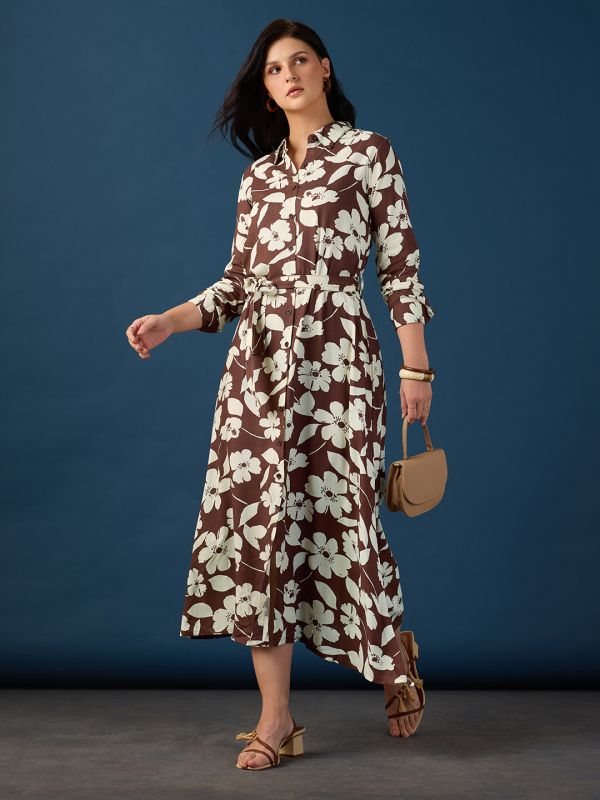 Globus Women Brown Collared Neck Cuff Sleeves Floral Printed Shirt Style A-Line Midi Workwear Dress With Belt
