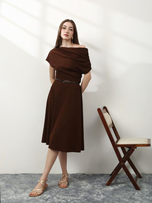 Globus Women Brown One Shoulder Gathered Detail Fit & Flare Midi Party Wear Dress