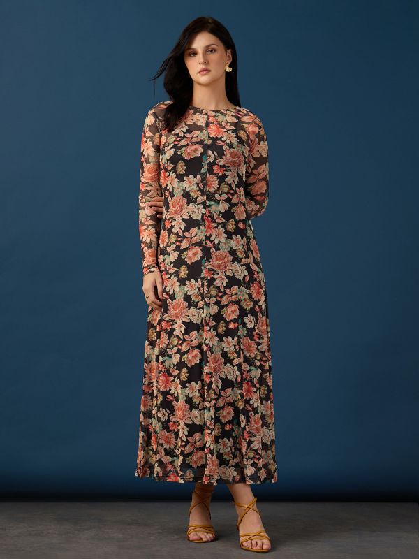 Globus Women Black Round Neck Full Sleeves Floral Print A-Line Maxi Party Dress