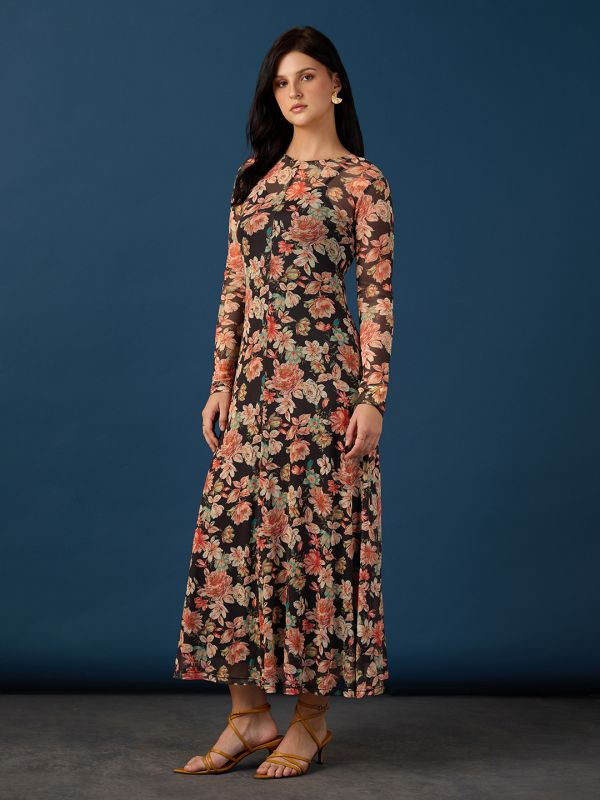 Globus Women Black Round Neck Full Sleeves Floral Print A-Line Maxi Party Dress