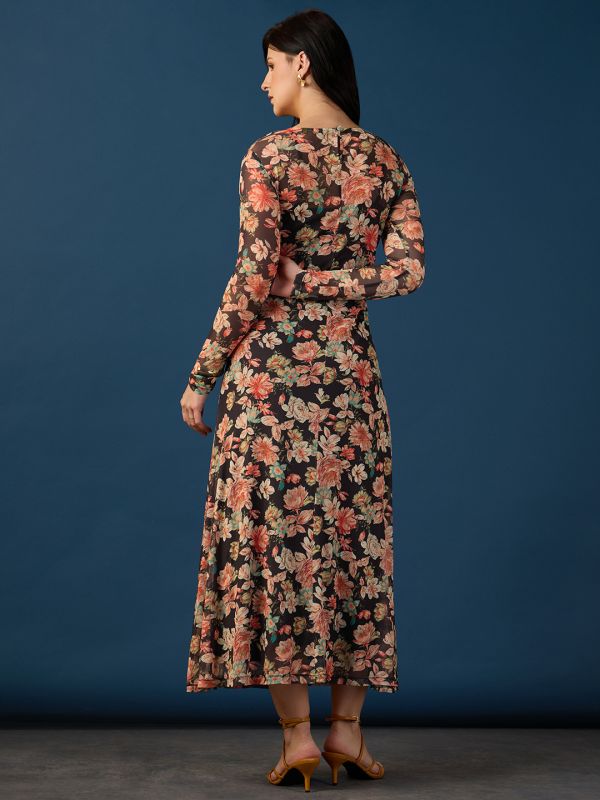 Globus Women Black Round Neck Full Sleeves Floral Print A-Line Maxi Party Dress