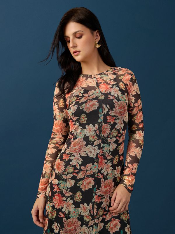 Globus Women Black Round Neck Full Sleeves Floral Print A-Line Maxi Party Dress