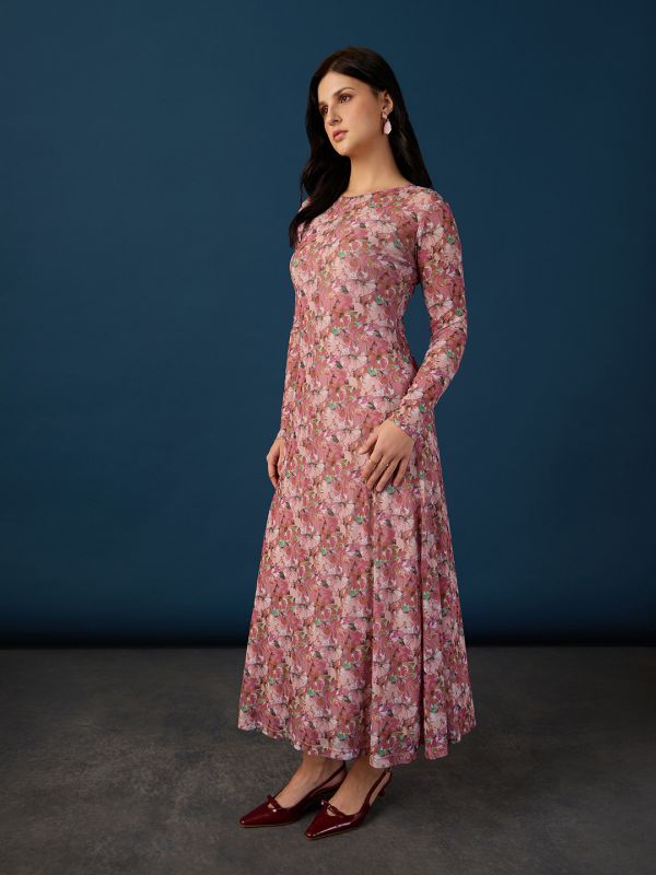 Globus Women Pink Round Neck Full Sleeves Floral Print A-Line Maxi Party Dress