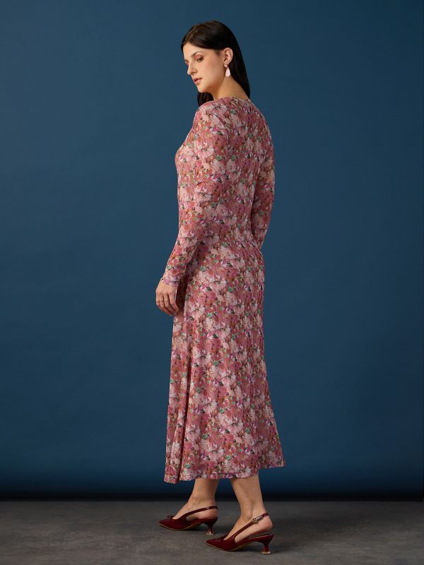 Globus Women Pink Round Neck Full Sleeves Floral Print A-Line Maxi Party Dress