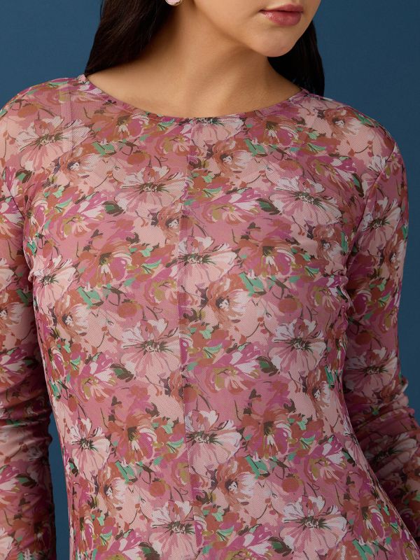 Globus Women Pink Round Neck Full Sleeves Floral Print A-Line Maxi Party Dress