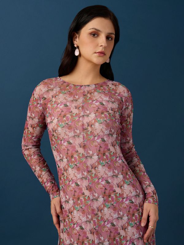 Globus Women Pink Round Neck Full Sleeves Floral Print A-Line Maxi Party Dress