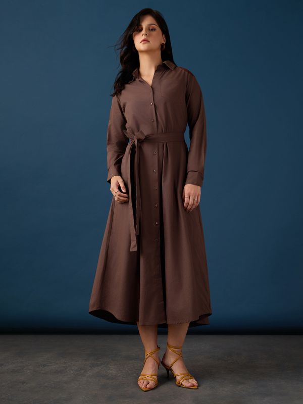 Globus Women Brown Collared Neck Cuff Sleeves Chest Patch Pocket Shirt Style A-Line Midi Workwear Dress With Belt