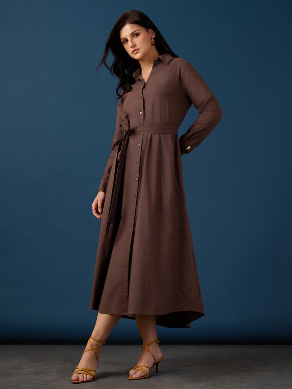 Globus Women Brown Collared Neck Cuff Sleeves Chest Patch Pocket Shirt Style A-Line Midi Workwear Dress With Belt