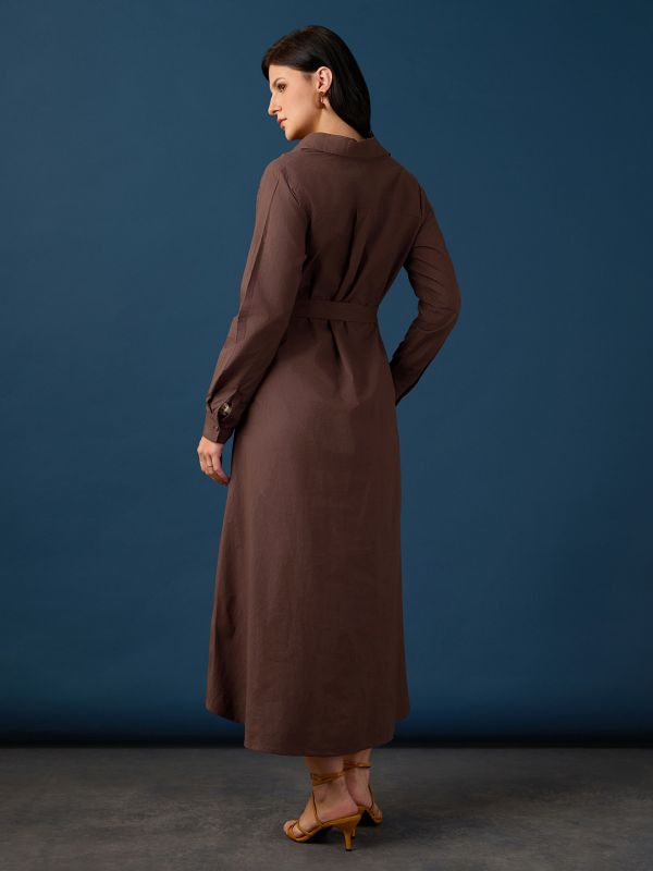 Globus Women Brown Collared Neck Cuff Sleeves Chest Patch Pocket Shirt Style A-Line Midi Workwear Dress With Belt