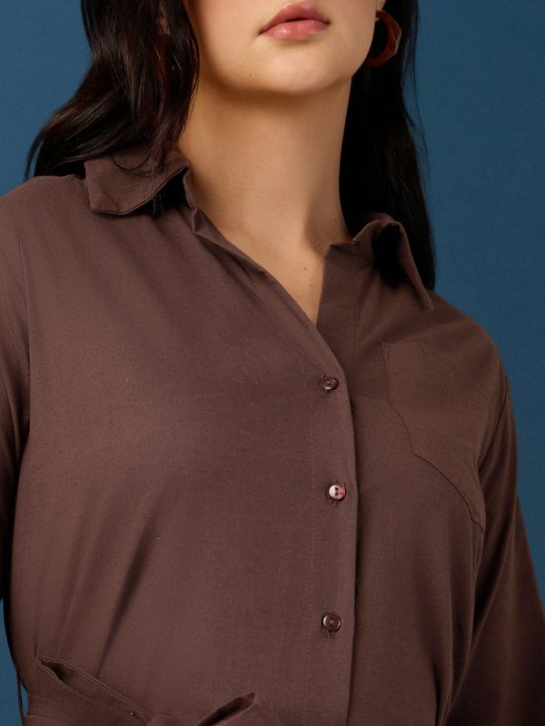Globus Women Brown Collared Neck Cuff Sleeves Chest Patch Pocket Shirt Style A-Line Midi Workwear Dress With Belt