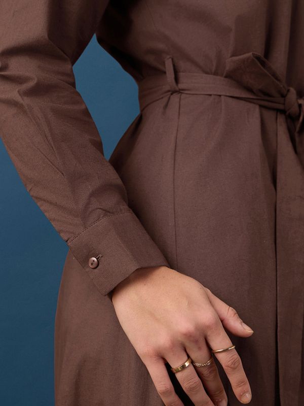 Globus Women Brown Collared Neck Cuff Sleeves Chest Patch Pocket Shirt Style A-Line Midi Workwear Dress With Belt