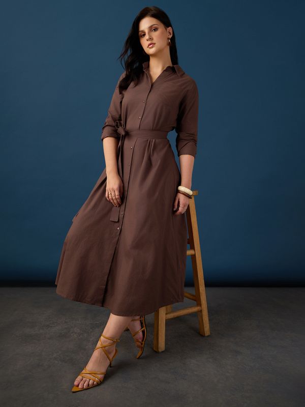 Globus Women Brown Collared Neck Cuff Sleeves Chest Patch Pocket Shirt Style A-Line Midi Workwear Dress With Belt