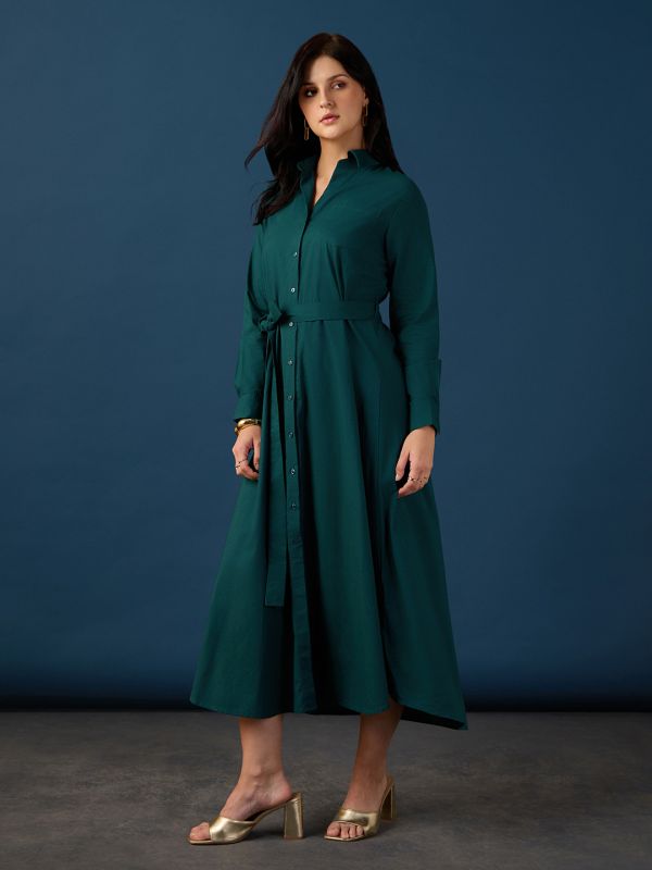 Globus Women Green Collared Neck Cuff Sleeves Chest Patch Pocket Shirt Style A-Line Midi Workwear Dress With Belt